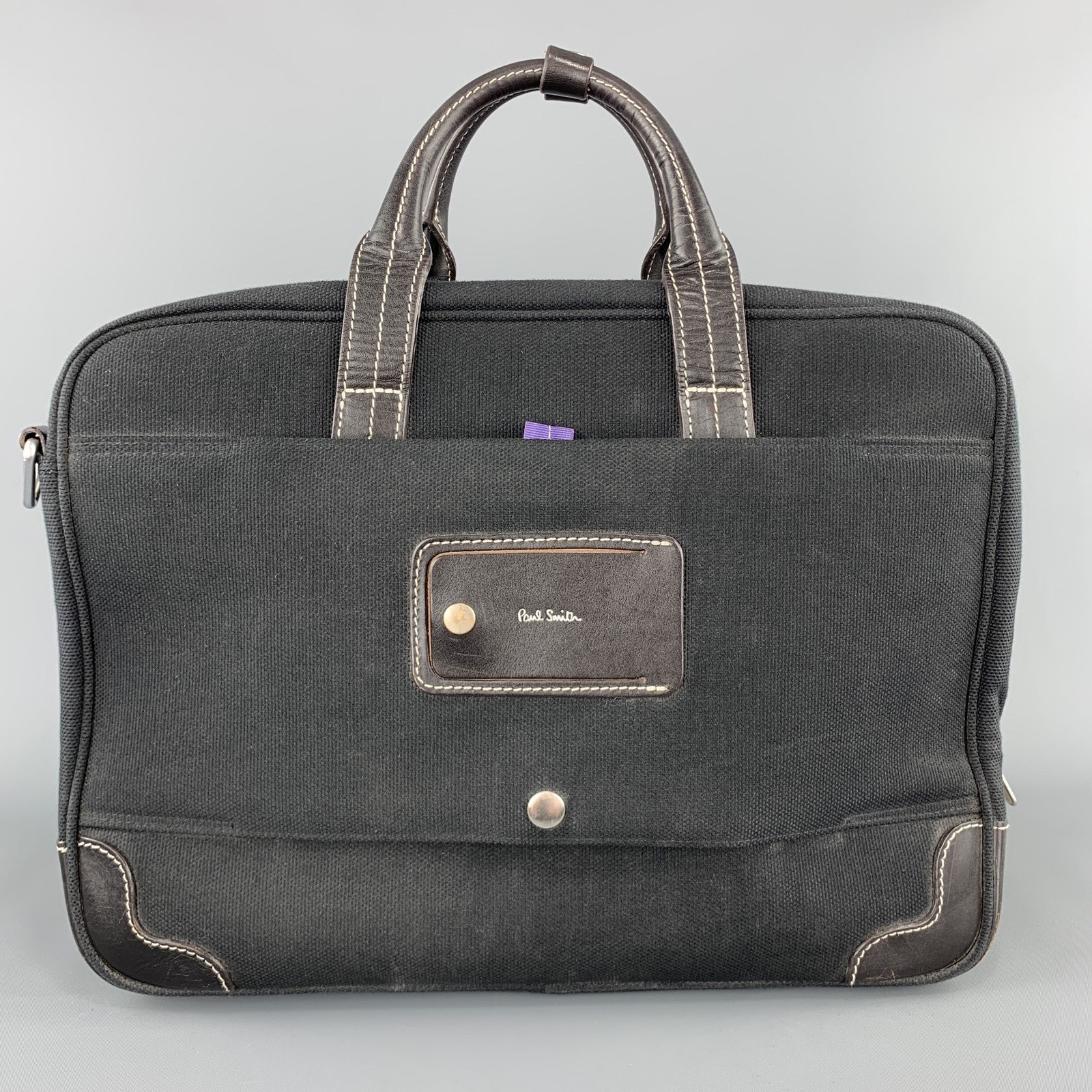 Paul Smith Contrast Stitch Black Canvas Leather Trim Work Bag
